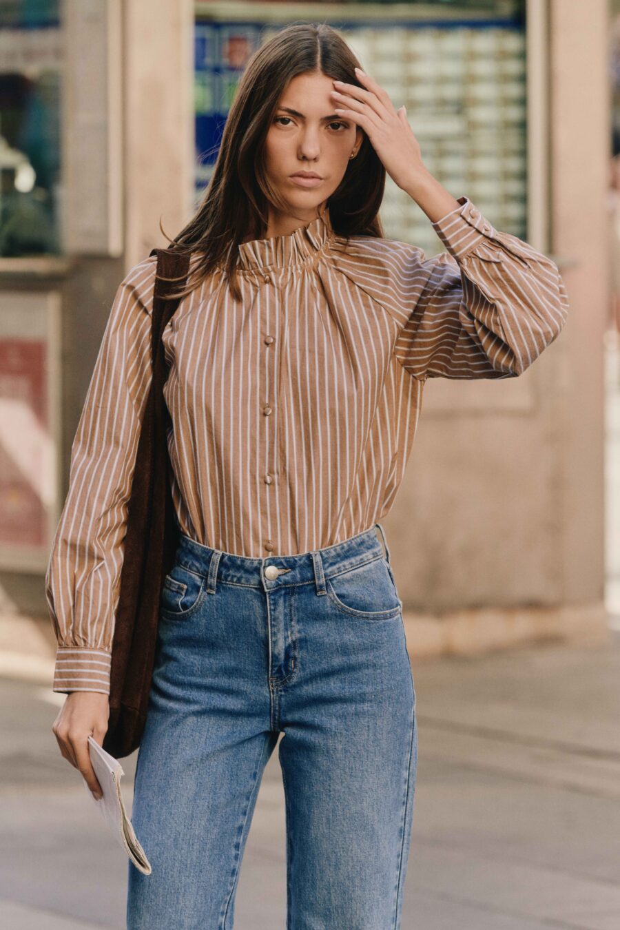 Blouse à rayures camel et écrues à manches longues | Sahoma